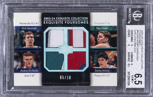 2003-04 UD "Exquisite Collection" Foursomes #NGKM Pau Gasol/Darko Milicic/Andrei Kirilenko/Dirk Nowitzki Game Used Patch Card (#05/10) – BGS EX-MT+ 6.5